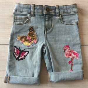 NWOT Monsoon Adjustable Button Waist Shorts Sequin Butterfly & Flamingo Patches